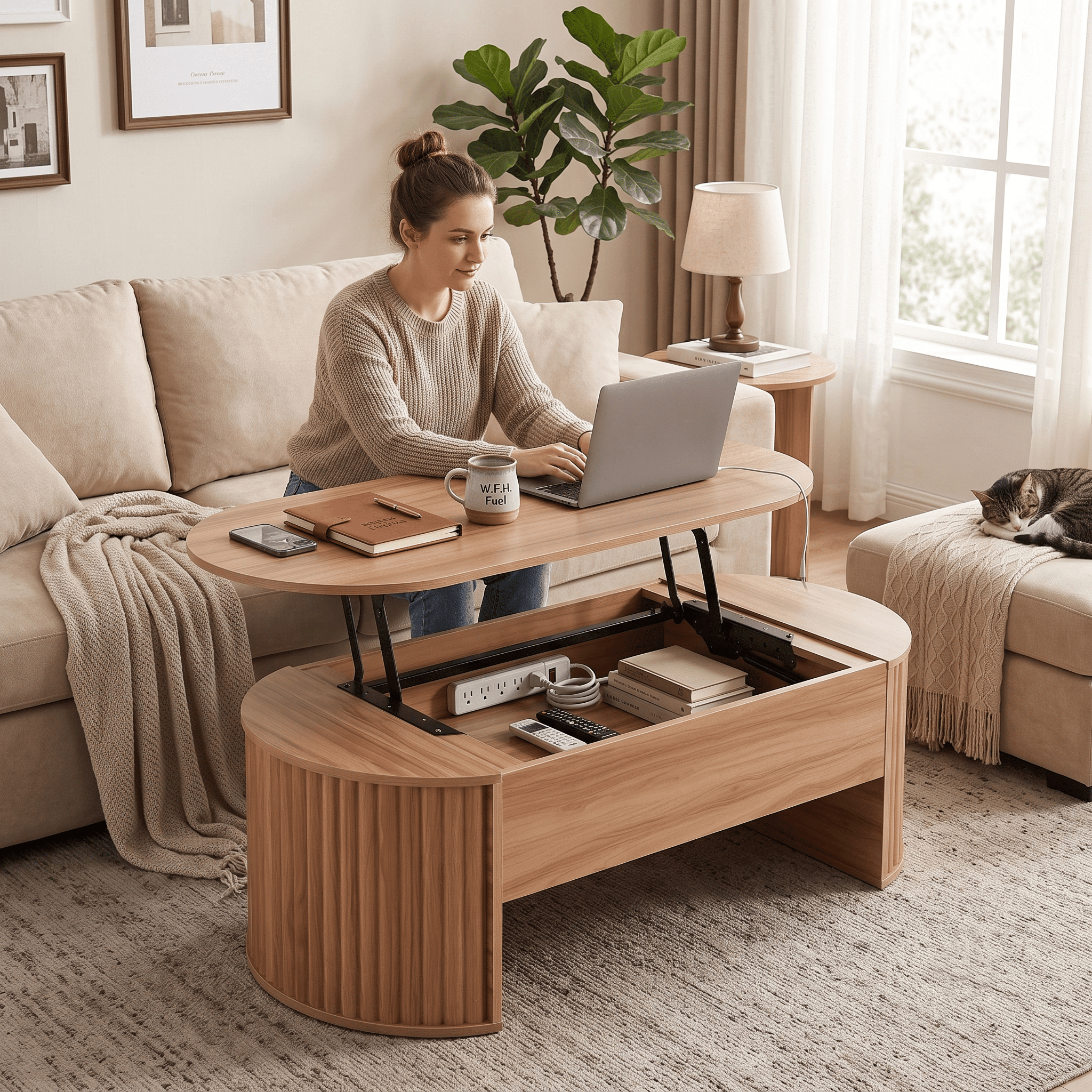 Homy Casa 47.2 in Lift Top Coffee Table with Hidden Storage Shelf for Living Room Natural Oak