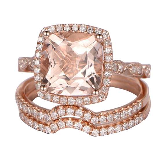 Diamond Moissanite Halo Morganite 10K Rose Gold Wedding Set 10mm Cushion Cut 5.75 Carat Marquise Shape Style