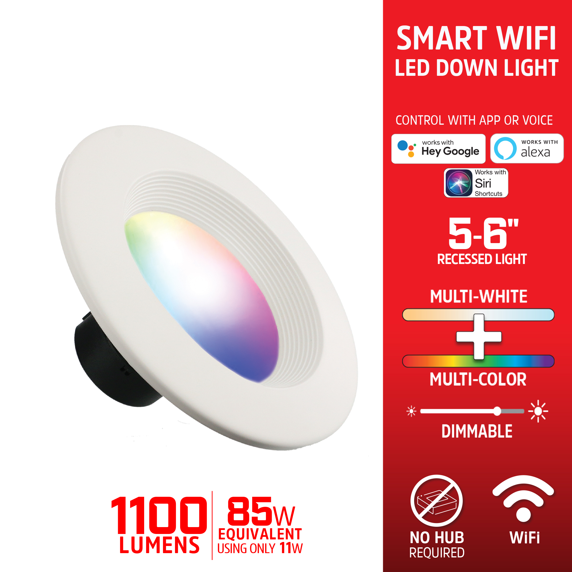 Energizer 6 inch Smart Wi-Fi Multi-Color LED Light Recessed Downlight, 85W BR30 E26, 1100 Lumens