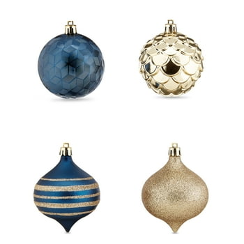 Holiday Time 70 mm Round Christmas Shatterproof Ornaments, Navy & Metallic Gold, 18 Count