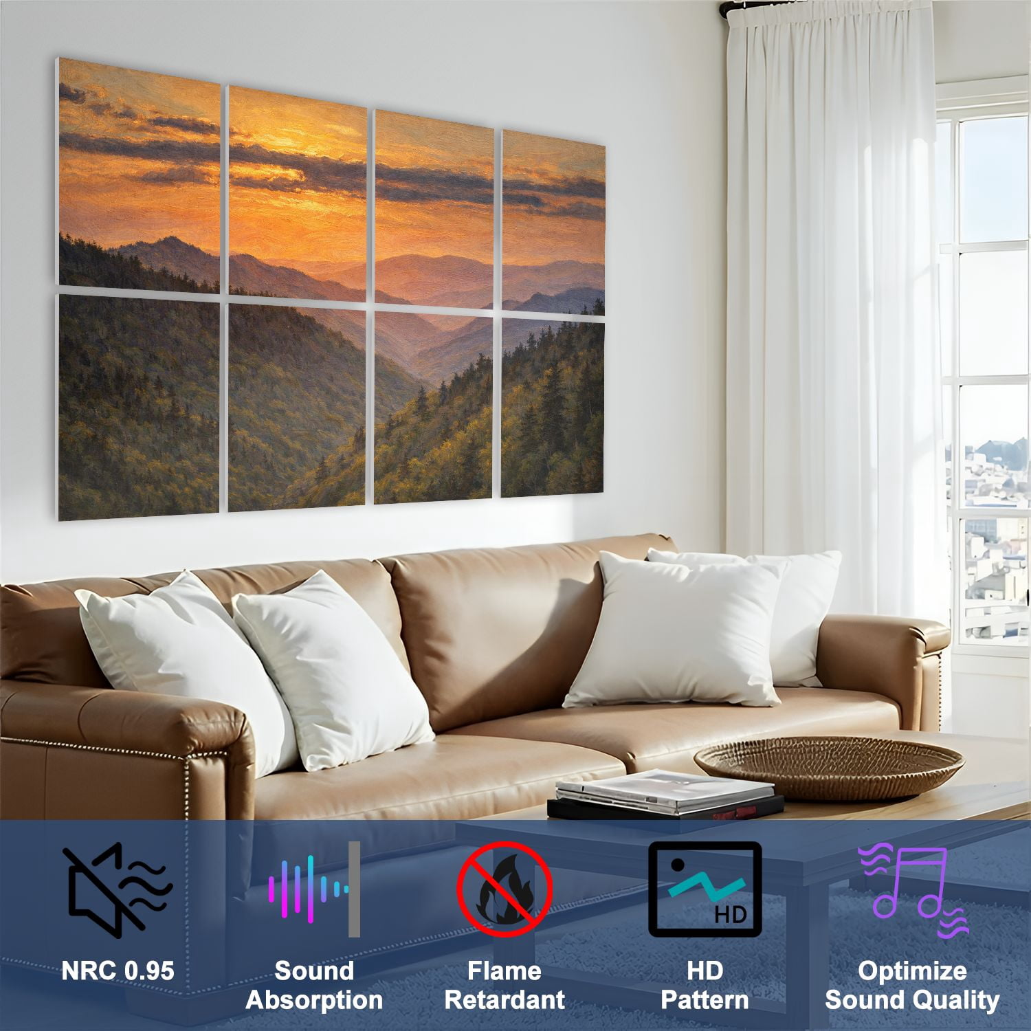 Rustic Farmhouse 8 Pack Art Acoustic Panels Sound Absorbing Gatlinburg Great Smoky Mountains National Park Scenic Sunset Decorative Soundproof Wall Panels Self Adhesive for Game Room Bedroom 48"x32"