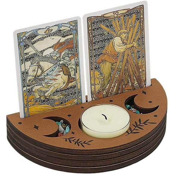 Tarot Card Holder Wooden Half Round Camel Color Tarot Card Stand Moon Phase Design Witchcraft Tarot Card Display Rack For Displaying Your Daily Affirmation Cards Wiccan Decoration
