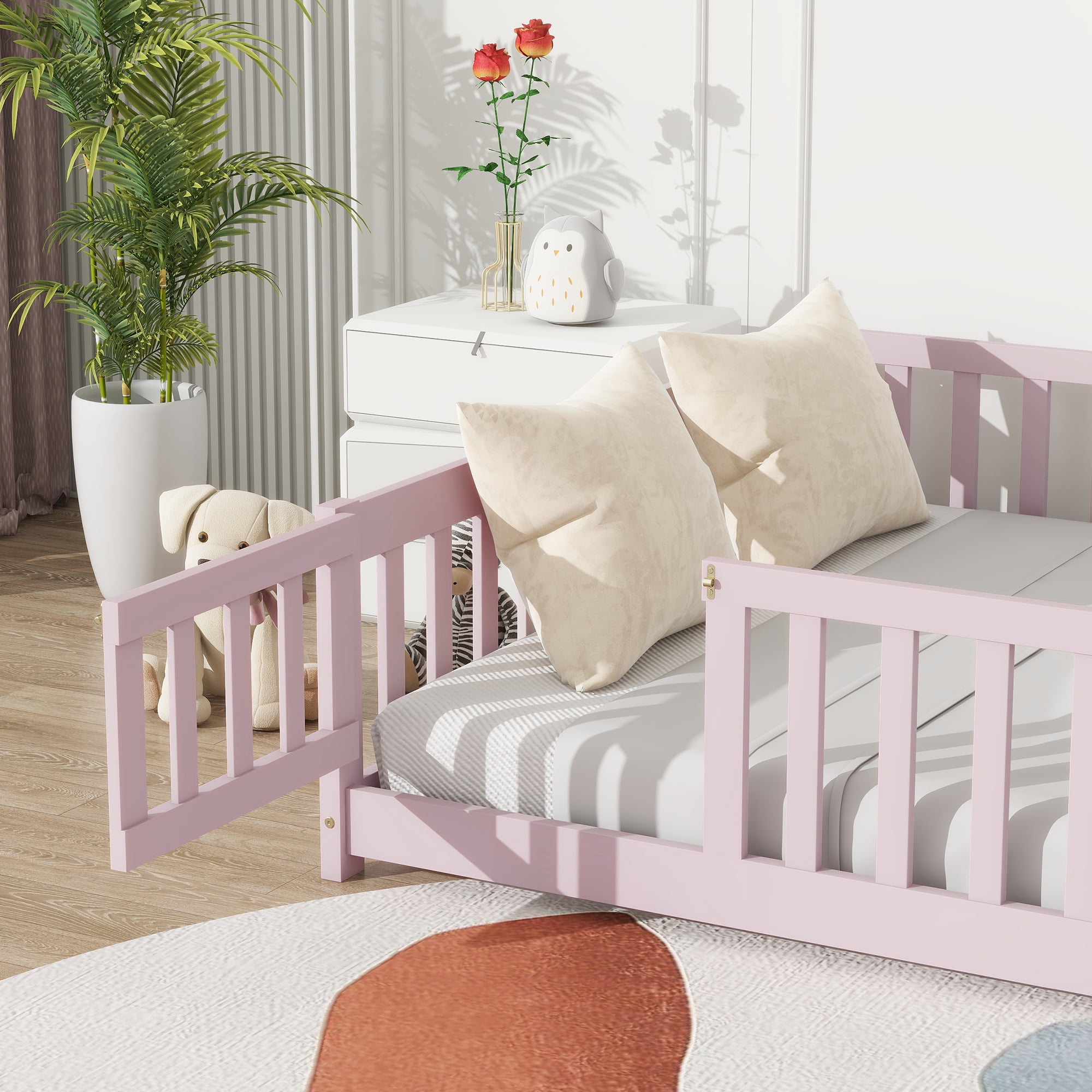 Full Size Rubber Wood Floor Bed with Fence and Door, Pink Safety Guardrails Kids Platform Bed, 7 Slats Support No Box Spring Needed for Compact Bedroom