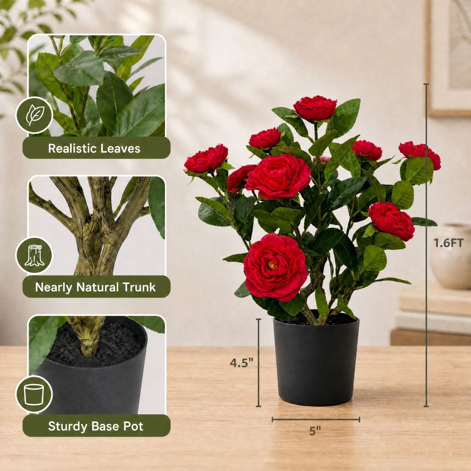 Easy4Home 1.6FT Artificial Flower Plant Fake Camellia Tree Potted Indoor, Red