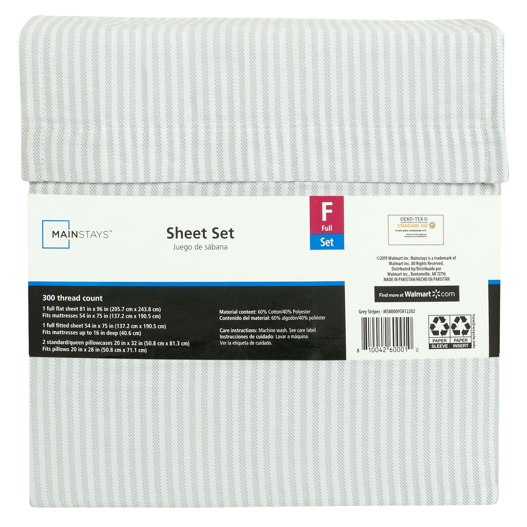 Mainstays 300TC Cotton Rich Percale Easy Care Bed Sheet Set, Full, Grey Stripes