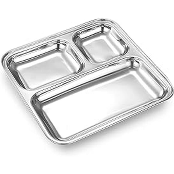 iKonbi Heavy Duty Stainless Steel Square Small Dinner Plate with 3 Sections Divided Mess Trays for Lunch, Camping, Events & Every Day Use Kitchenware (Set of 2)