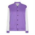 thumbnail image 3 of Otntypg Lightweight Striped Color Block Bomber Jackets for Women Casual Drop Shoulder Long Sleeve Button Down Varsity Cardigan Outwear Coats Trendy Pocket Baseball Sweatshirts Purple#01 L, 3 of 7