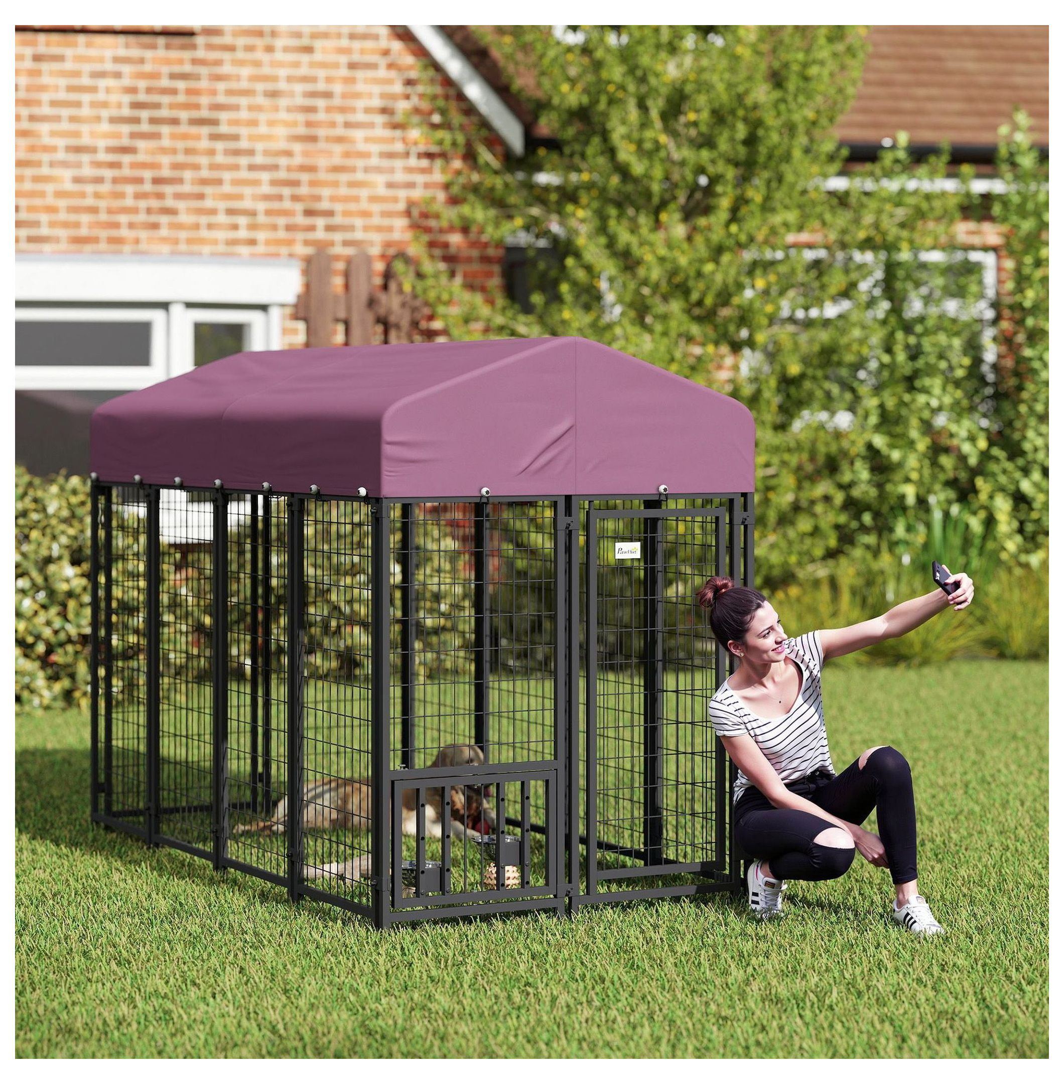 Welded Wire Dog Kennel, Outdoor Dog Run with Cover, 7.9'x4'x6', 360° Rotating Bowls, Adjustable Height, Lockable Gate, Heavy Duty Steel for Large Dogs up to 66lbs