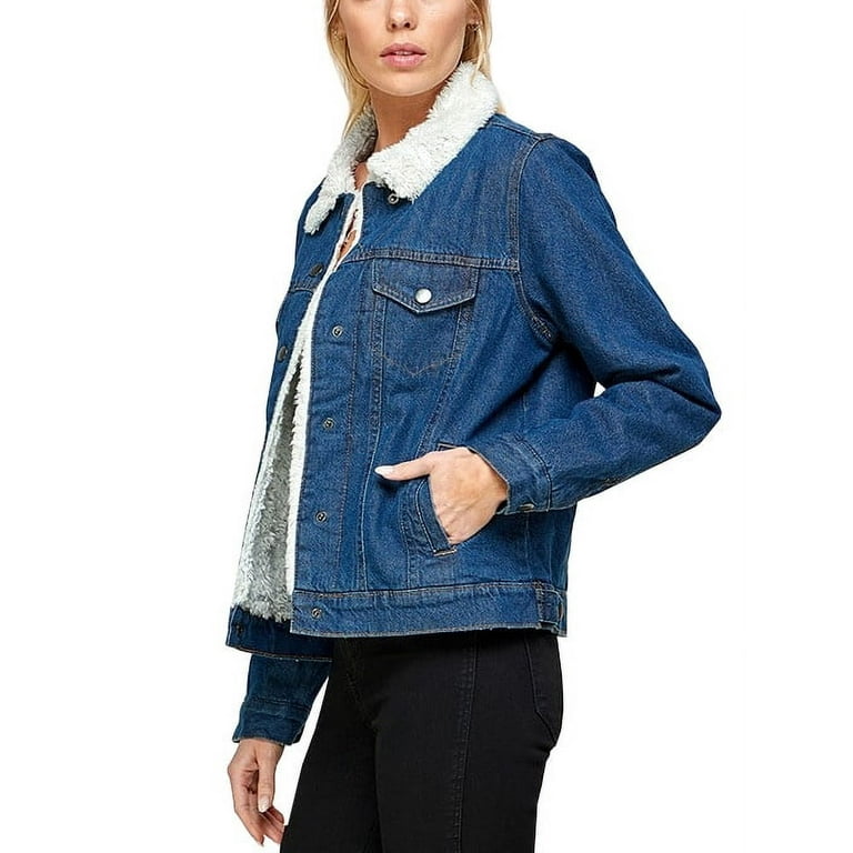 Women s Quality 100 Cotton Adjustable Button Strap Waist Faux Fur Lined Dark Blue Denim Jean Trucker Jacket Size M Walmart