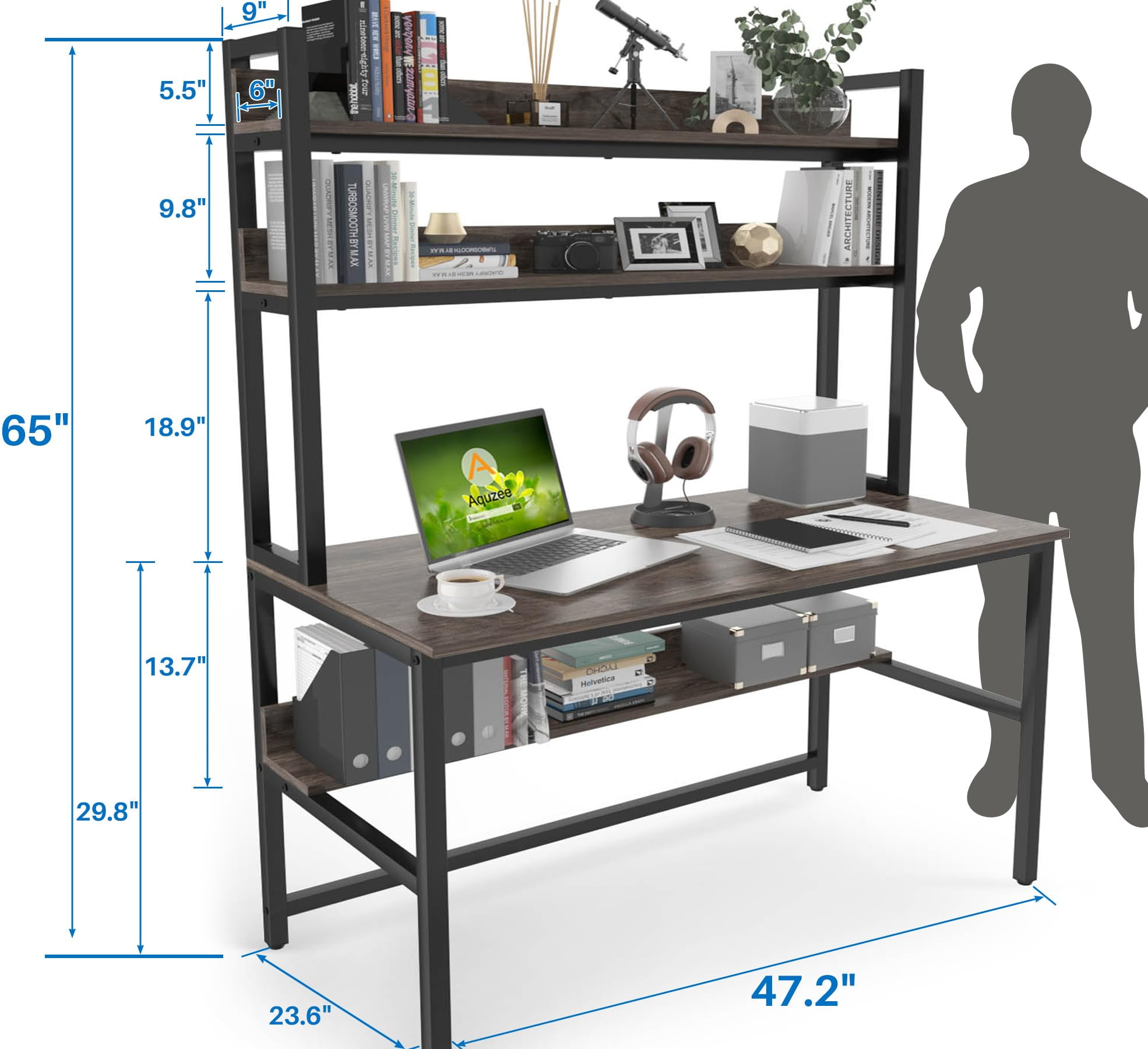 Aquzee Desk with Hutch Bookshelves, Computer Desk with 3 Tiers Storage Shelves, Space Saving Design Black Metal Legs Desk with Grey Board