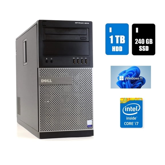 Dell OptiPlex 9010 MT Desktop Computer Core i7 16GB Ram 240 SSD + 1TB HDD Windows 11 Pro Wi-Fi