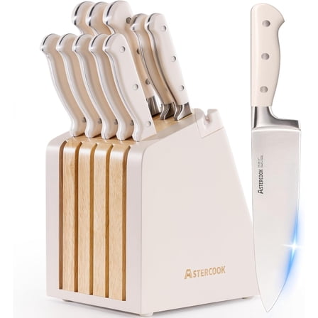 Mojitor Knife Set, Kitchen Knife Set with Block and Sharpener, 12 Pcs Ultra-Sharp High Carbon Stainless Steel Knife Block Set with Non-Slip Full Tang Ergonomic Handle, Cream White Cutlery Set