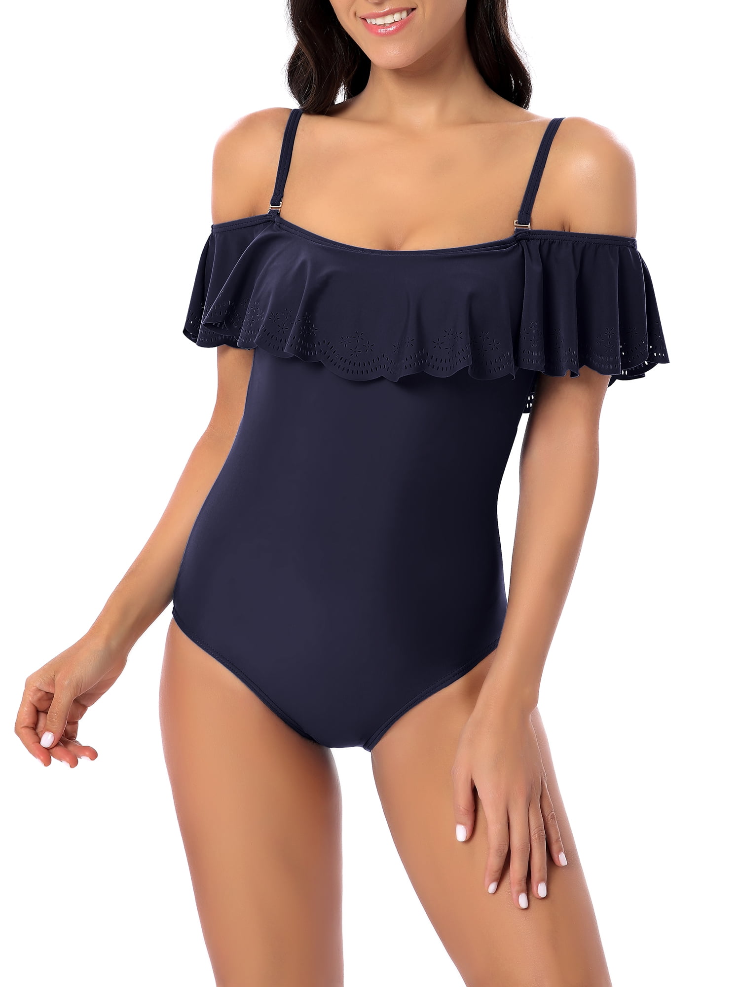 Csndyce Women One Piece Swimsuits Ruffled off Shoulder Backless Tummy Control Halter Bikini