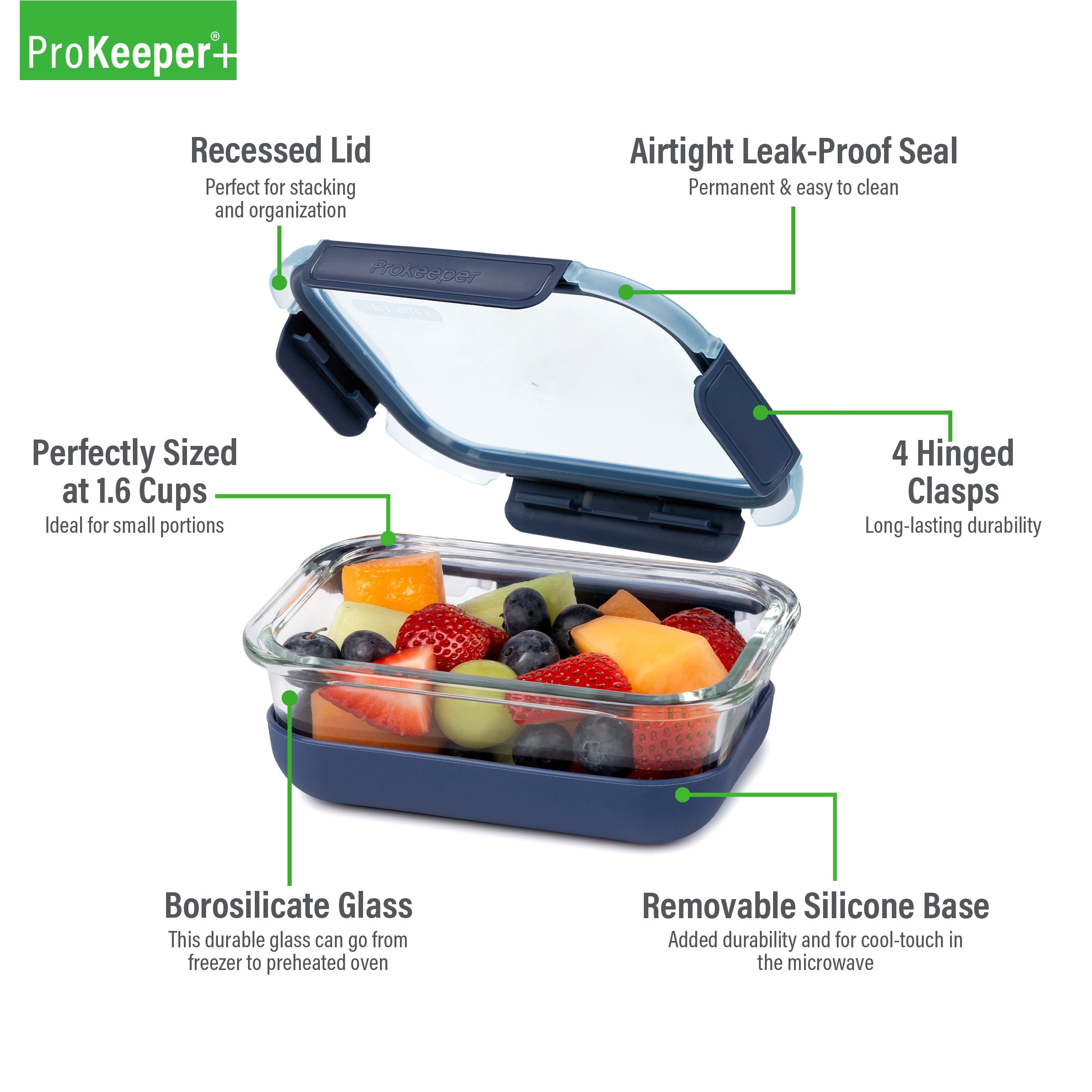 (2 pack) Prokeeper+ 1.6 Cup Glass Food Storage Container with Silicone Base, Designed to Help with Pantry Storage and Everyday Organization