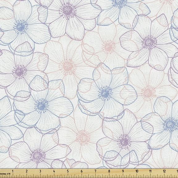 Ambesonne Anemone Flower Fabric by the Yard Upholstery, Pastel Petals, 10 Yards, Dried Rose Slate Blue