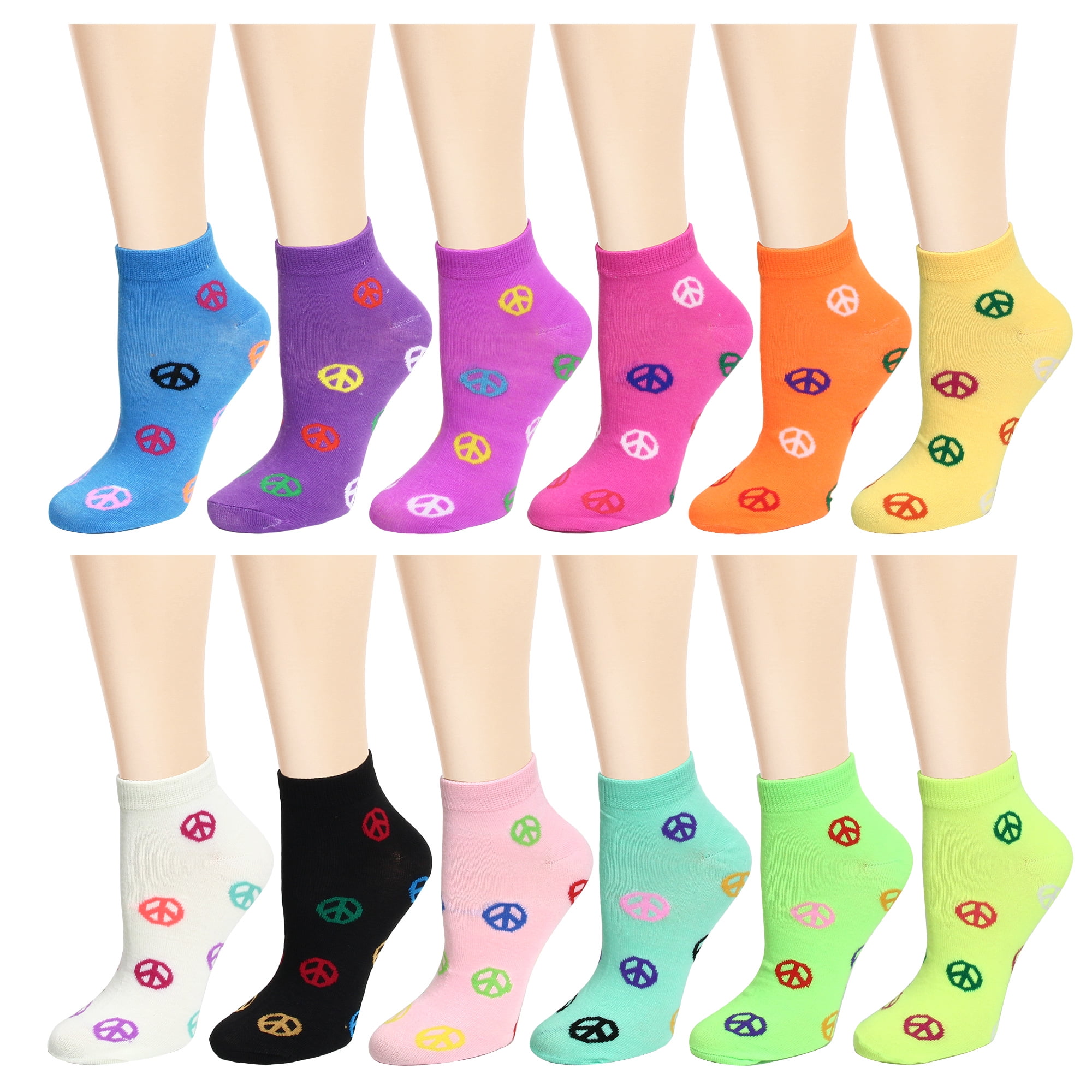 12 Pairs Assorted Colors Women's Ankle Socks Size 911 Peace Sign