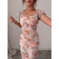 thumbnail image 4 of Orange Womens Romantic Floral Mesh Ruched Midi Dress With Square Neck And Short Puff Sleeves, 4 of 6