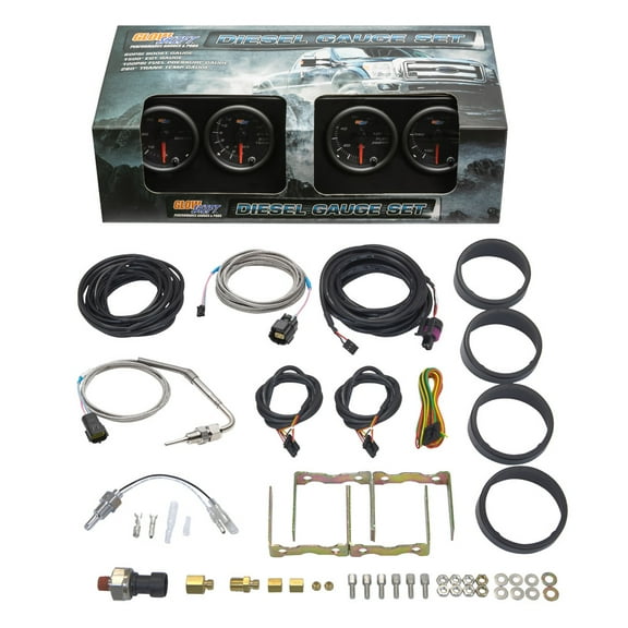 GlowShift Black 7 Color 4 Gauge Diesel Set - 60psi Boost, 2400 Pyrometer EGT, Trans Temp & 100psi Fuel Pressure Gauges