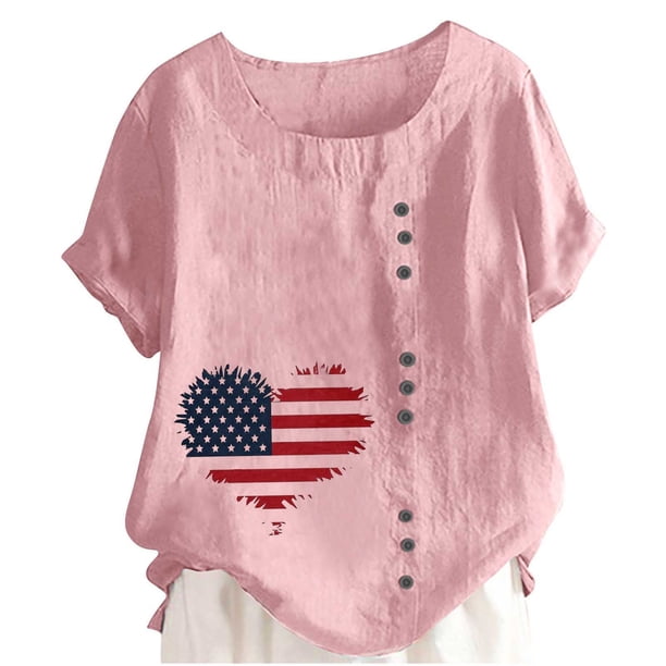 Camiseta Casual de Manga Corta con Botón de Cuello Redondo de las Mujeres, Tops Cortos para las Mujeres