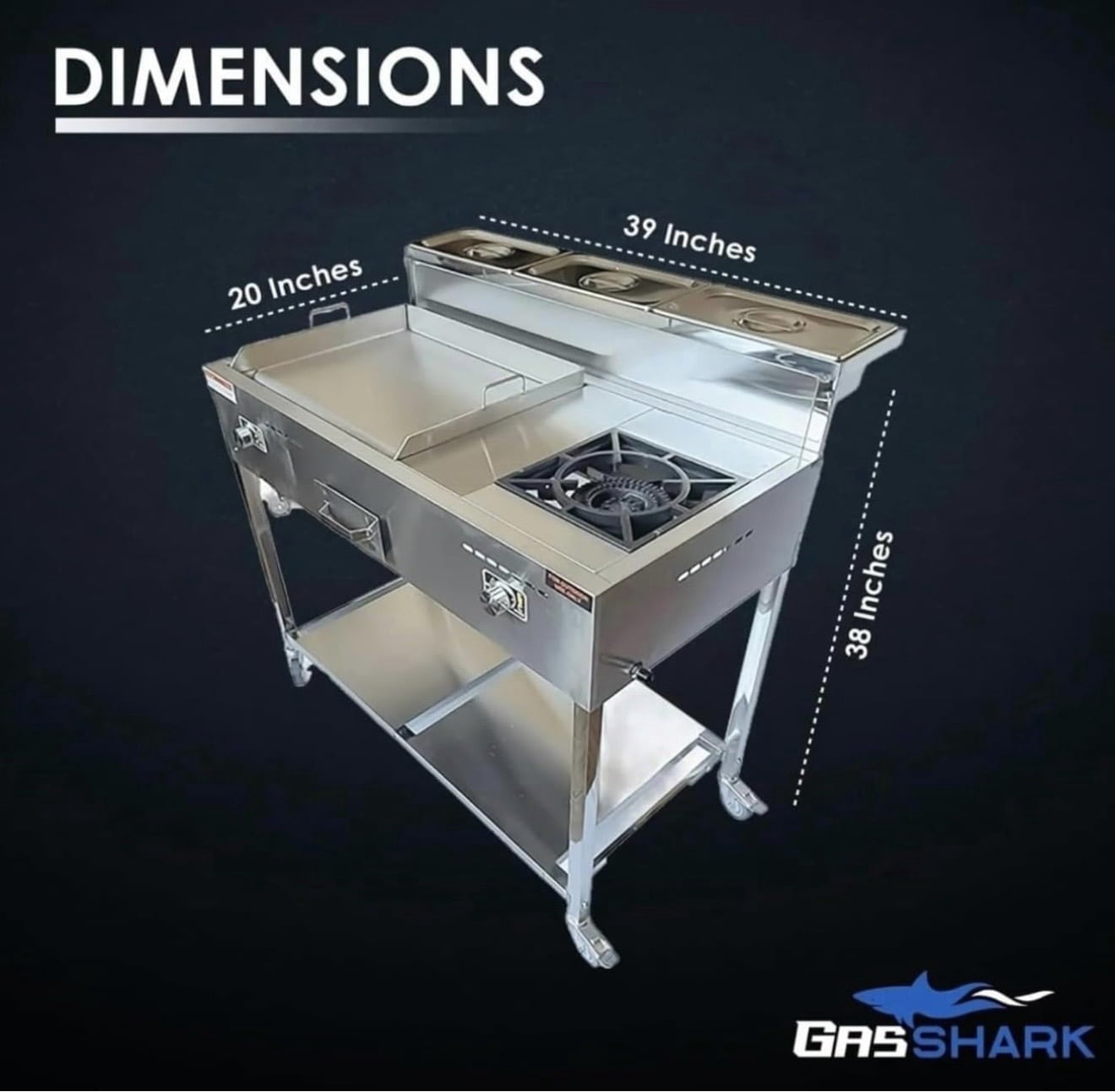 Burner Stove and Flat Top Griddle Cart | 20” Stainless Steel Griddle | 30,000 BTU Cast Iron Burner Stove | Outdoor Propane | Portable 4 Wheel | 3 Condiment Container Pans | Commercial & Home Use