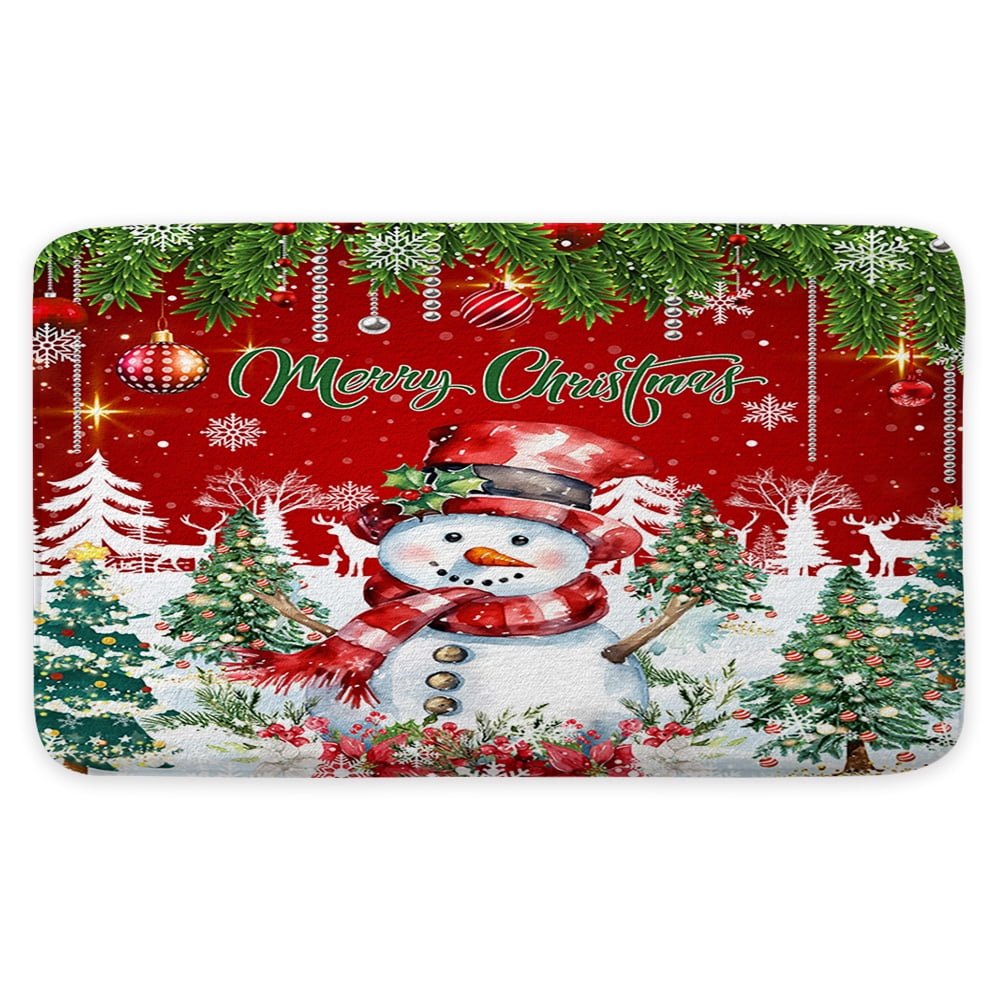 Red Christmas Bathroom Rug, Winter Christmas Snowman Non Slip Soft Bath Mat, Xmas Pine Tree