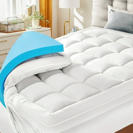 3 Inch Dual Layer Memory Foam Mattress Topper, 2 Inch Cooling Gel Memory Foam Plus 1 Inch Pillow Top Cover, Support for Back Pain Queen, White