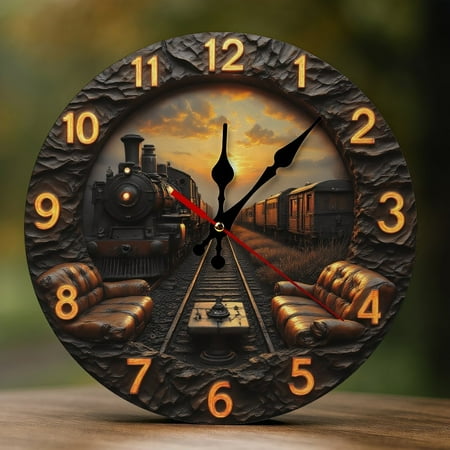 Wall Clock Decorative - Vintage Brown Train Print 2D Vintage Wall Clocks Battery Operated Silent Non-Ticking for Bedroom, Living Room, Kitchen, Office, Classroom, 10 Inch