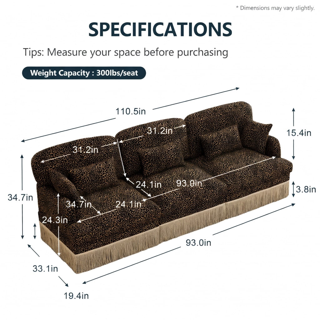 Hommoo 100" Modern Leopard Print Chenille 3-Seat Modular Sectional Sofa with Tassel Trim, Ergonomic Deep Seat & Easy Snap-Together Assembly, Brown