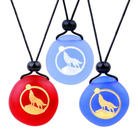 Frosted Sea Glass Stones Howling Wolf Moon Best Friends BFF Set Amulets Royal Sky Blue Red