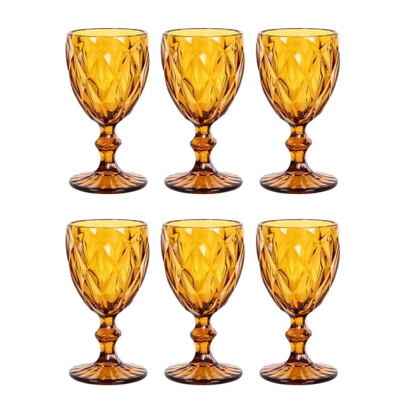 Vintage Embossed Amber Glass Goblets Set of 6, 8 oz Stemmed Colored Wine Glasses for Drinks, Wedding, Party, Bar