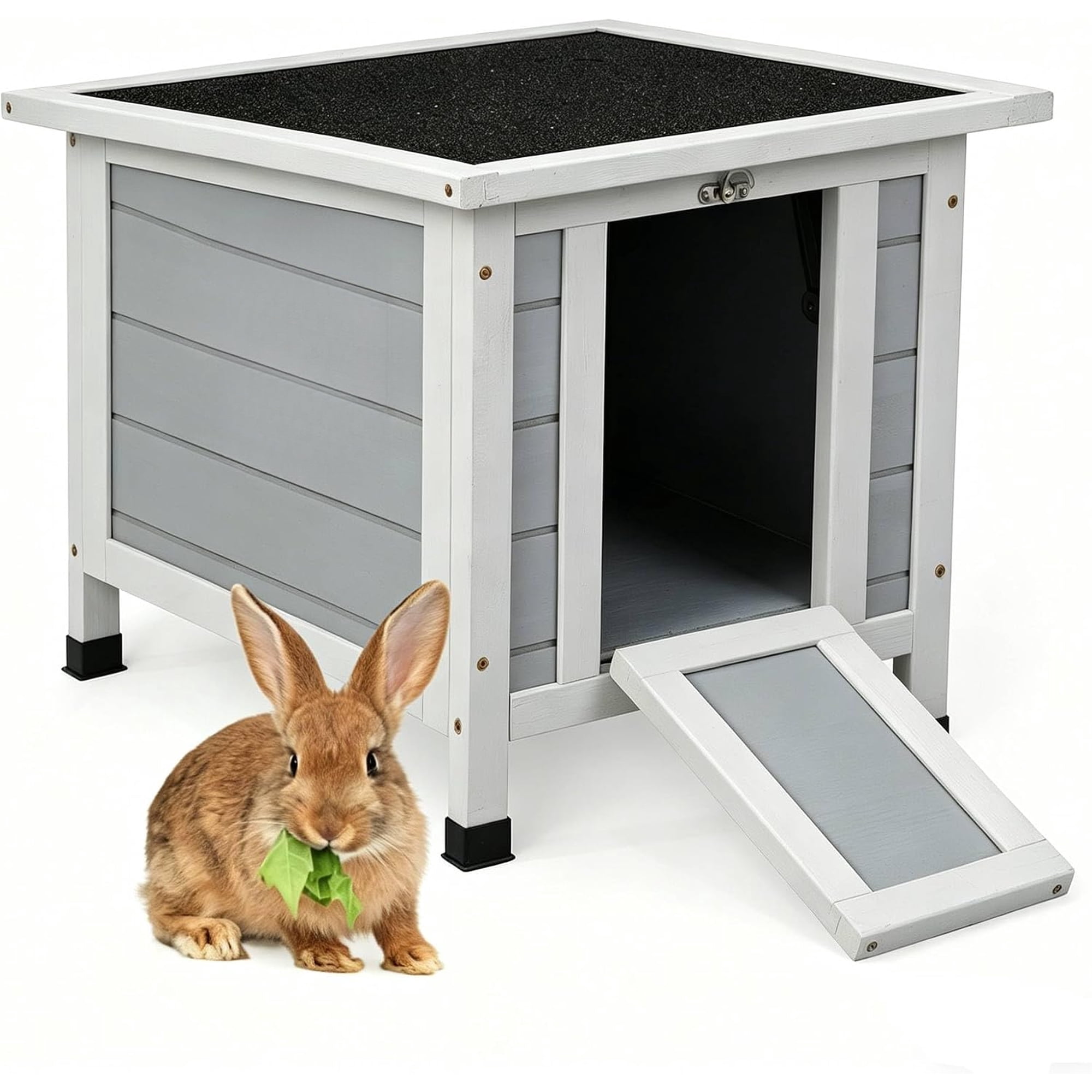 Rabbit Hutch, Bunny Cage Indoor with Openable, Portable Small Animals Shelters with Nonslip Ramp for Hideout Rabbits/Feral Cats/Chicken/Duck/Small Animals-Gray