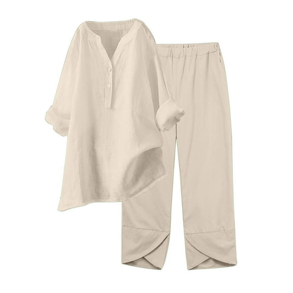 ZZwxWA Linen Set for Women 2 Piece Summer Outfits Plus Size Short Sleeve Graphic Tees Capri Pants Lounge Matching Sets Womens Solid Casual Sets Up to 60% Off