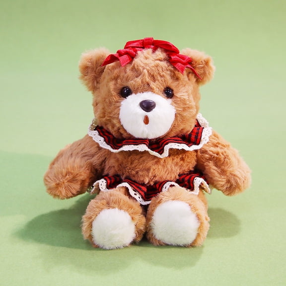 Teddy Bear Stuffed Animal Plush Toy in Red Plaid Lace Skirt with Matching Bow for Festive Holiday Celebration Birthday Party, 6 Inch