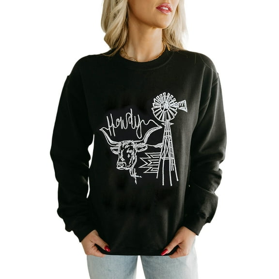 Women's Black Embroidered Howdy Cow Western Graphic Crew Neck Sweatshirt