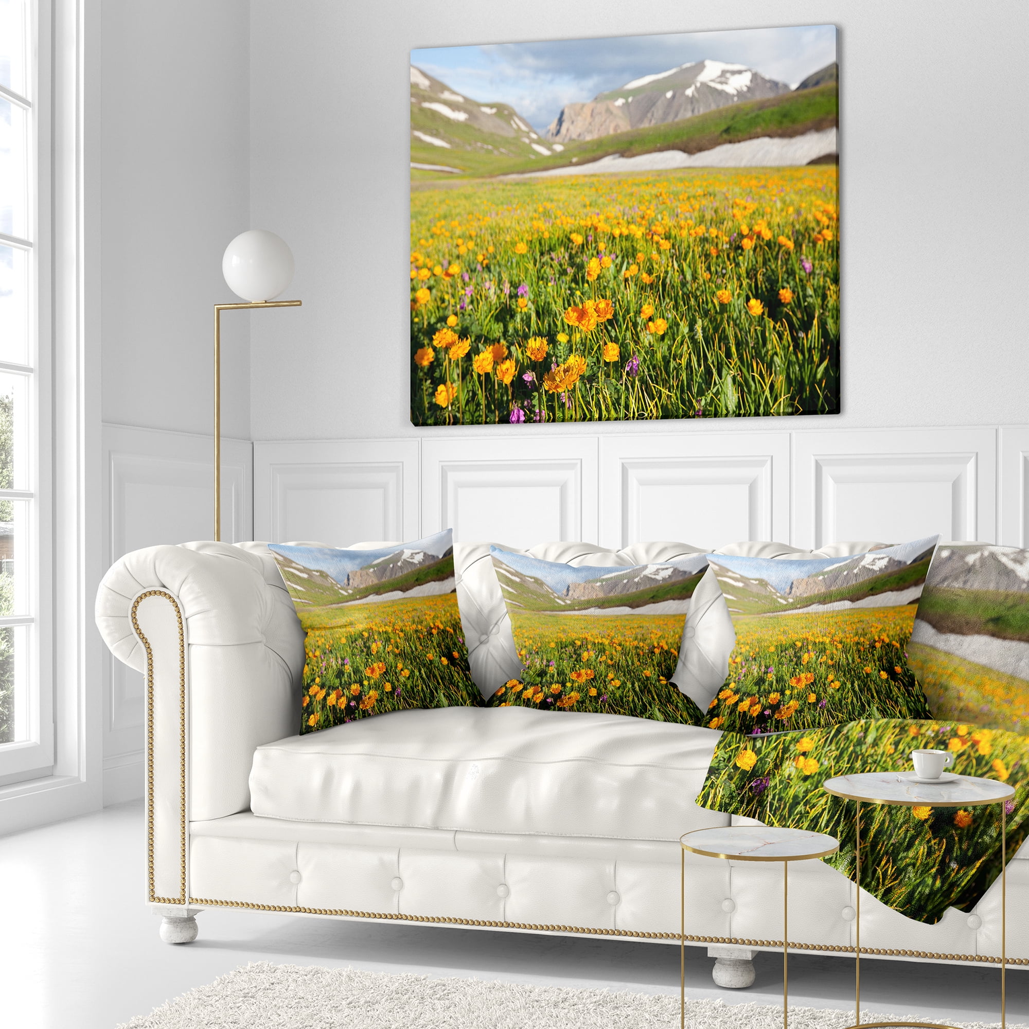 Designart Mountain Plain with Wild Yellow Flowers - Floral Throw Pillow - 16x16