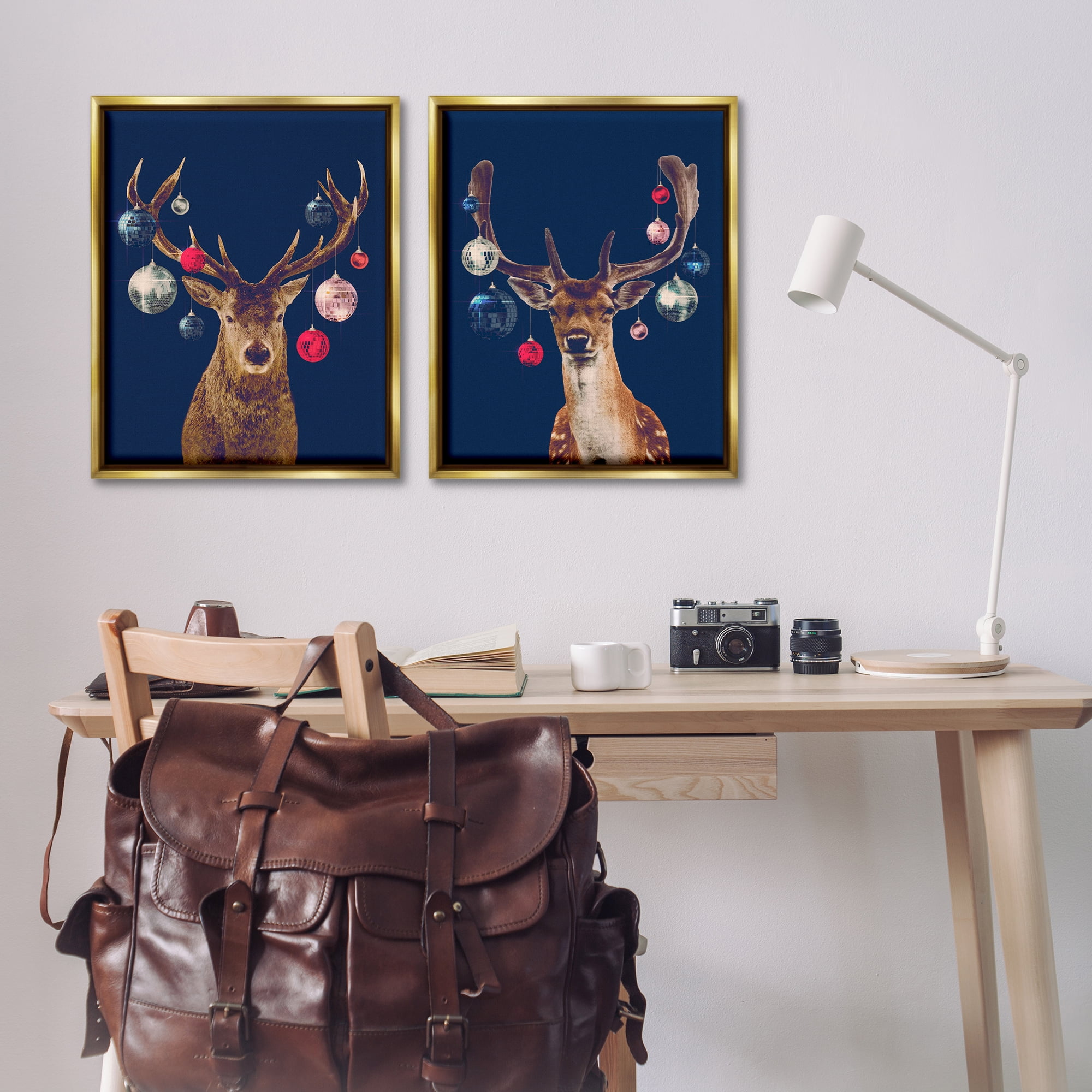 Stupell Industries Navy Brown Disco Deer Holiday Painting Gold Floater Framed Canvas Art Print Wall Art, 31 x 25, Set of 2