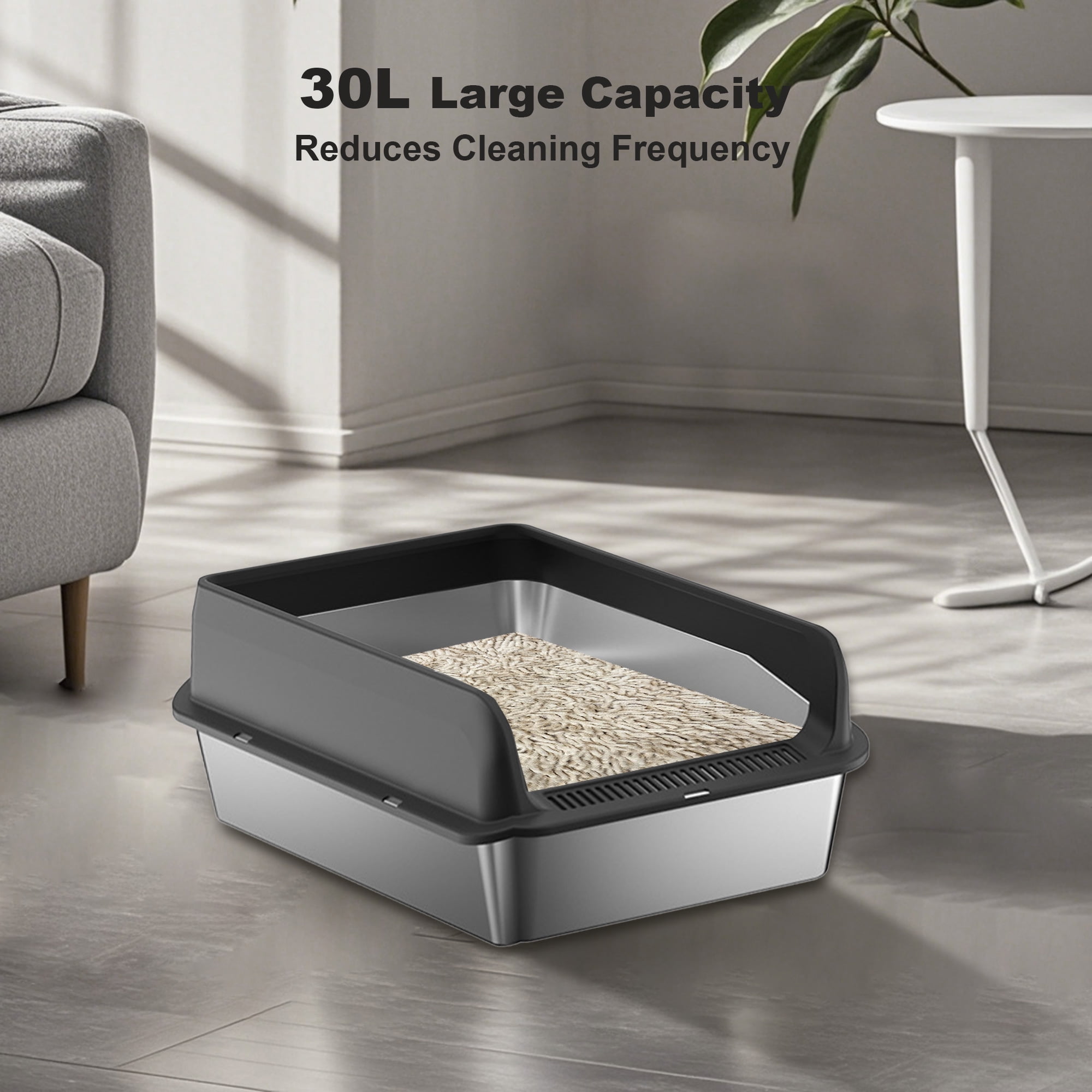 Ataujin Stainless Steel Litter Box, Side Opening Splash-Proof & Leak-Proof, 6'' Deep Non-Stick Metal Cat Litter Box with Lid & Double Layer Mat, Easy-Clean & Durable