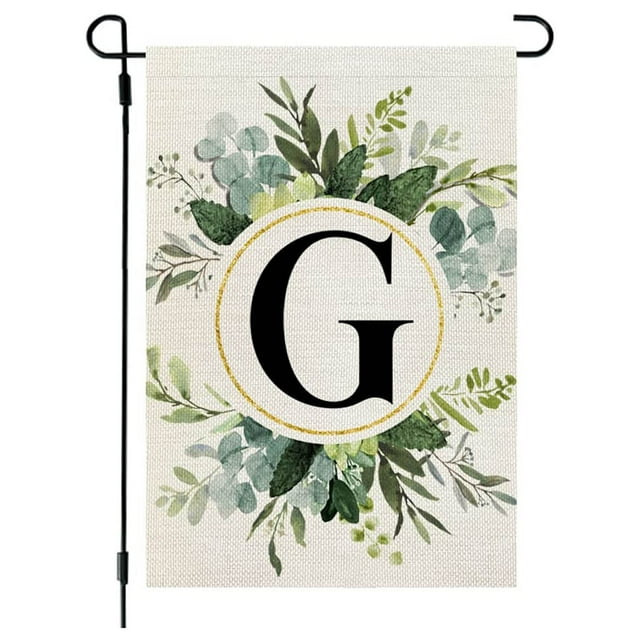 Garden Flags for Outside,Welcome Garden Flag Ins Style, 26 Letters+Green Plant Printing, Flax Garden Flag, First Letter of Surname, Hanging Flag at the Gate of Courtyard Spring Garden Flag