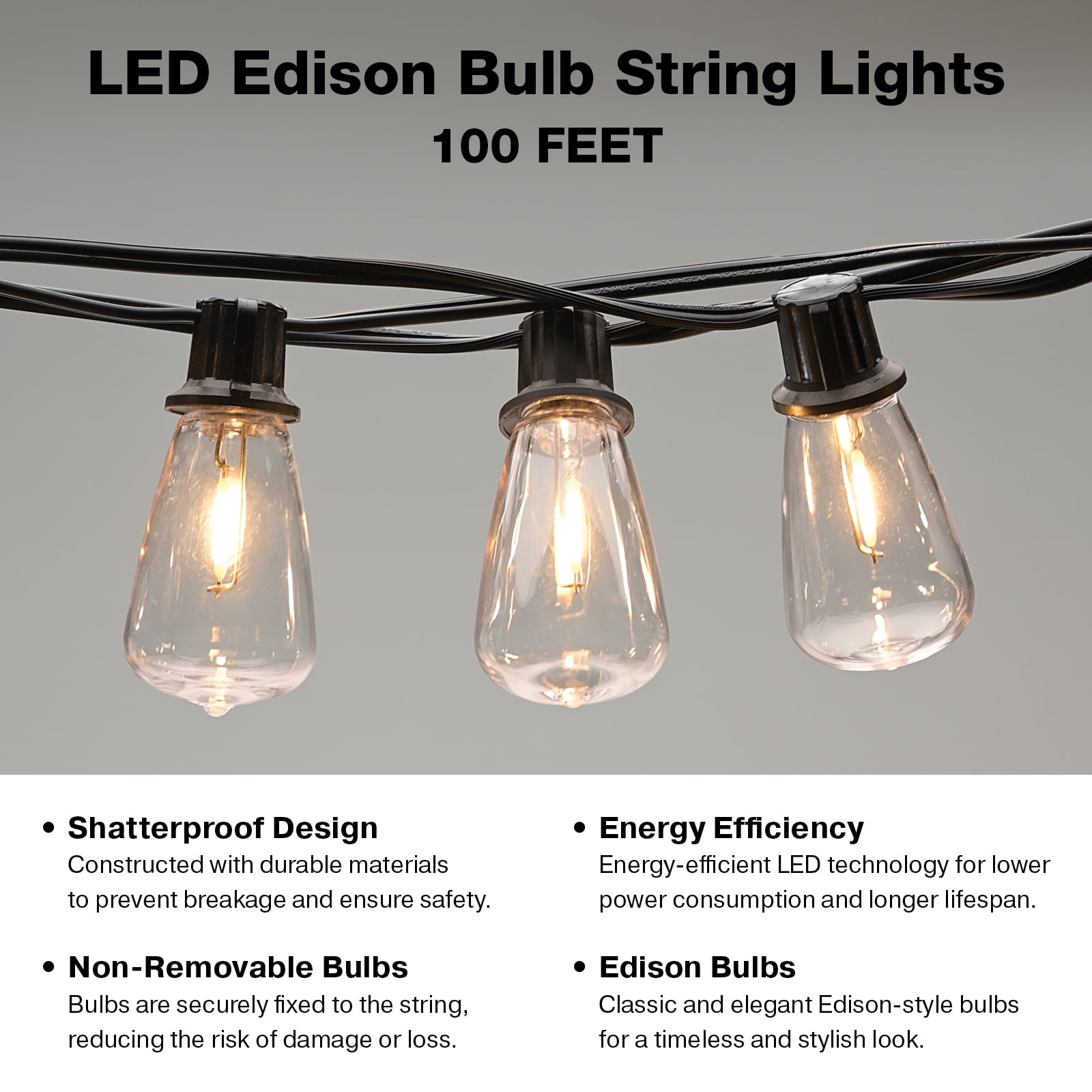 Excello Global Products Premium String Light Pole 4 Pack with 100' of LED Edison Bulb String Lights (Deck Mount)