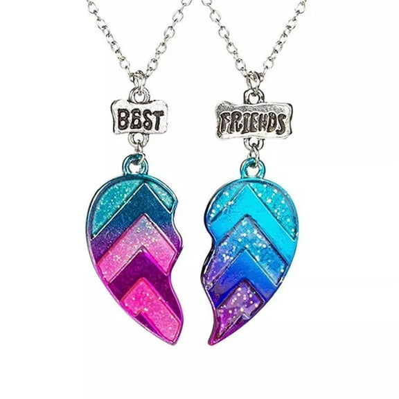 HOOUN 2 Pc Broken Heart Best Friend Colourful Pink Blue Friendship Necklace Chain Gift