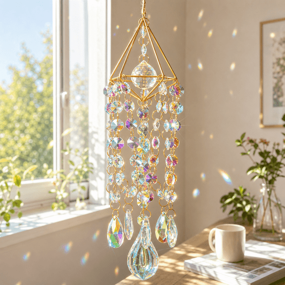 Sun Catcher, Sun Catchers Indoor Window, Stained Glass Window Hanging, Whimsy Decor, Windchime, Handmade Gold Plated Crystal Prism Window Hanging Ornament Rainbow Maker for Indoor Home Decor