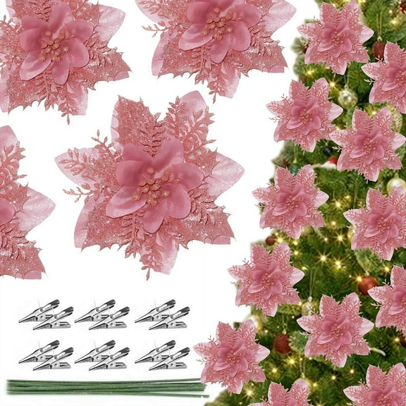 PULMCheerger 12Pcs 5.7inch Christmas Poinsettia Ornaments, Glitter Faux Flowers Decoration, Christmas Artificial Flowers Decorations for Christmas New Year Home Indoor Outdoor Decoration