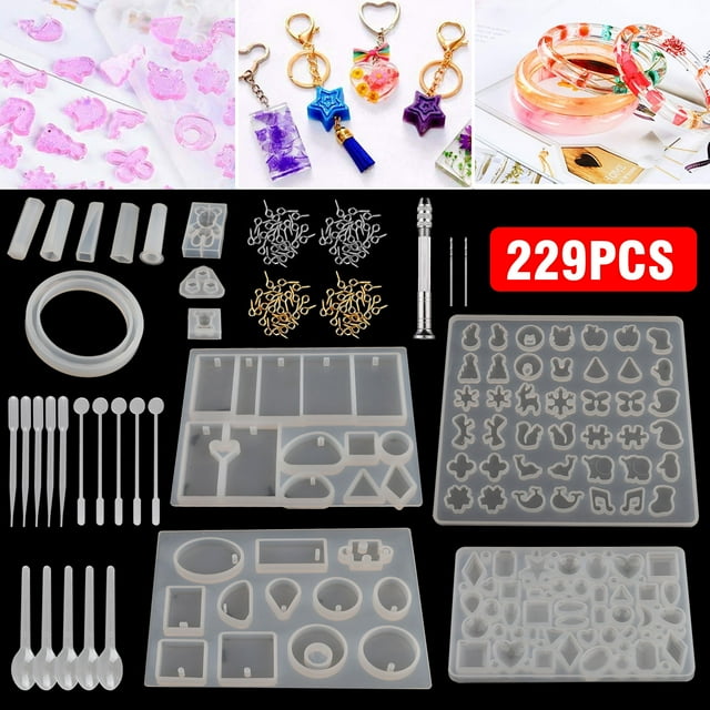 Silicone Resin Mold for Jewelry Casting, 229Pcs Silicone Casting Molds and Tools Set, DIY Crystal Pendant Epoxy Resin Making Kit for Resin Casting Beginner, Contains Bear/Heart/Star/Round Shapes