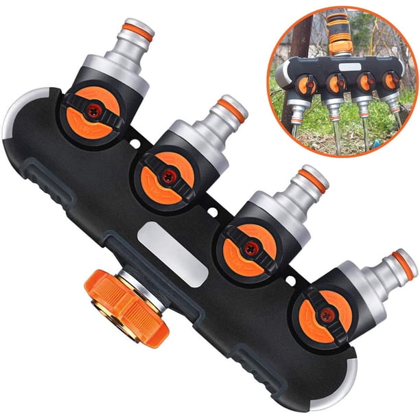 Distribuidor de riego de 4 vías - Distribuidor de agua de 3/4" y 1/2" con válvula de grifo para conectar dos dispositivos simultáneamente, flujo de agua ajustable, adaptador para regar el jardín