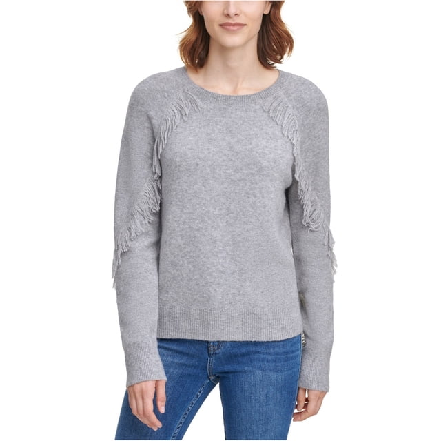 Calvin Klein Womens Fringe Trim Pullover Sweater gray S