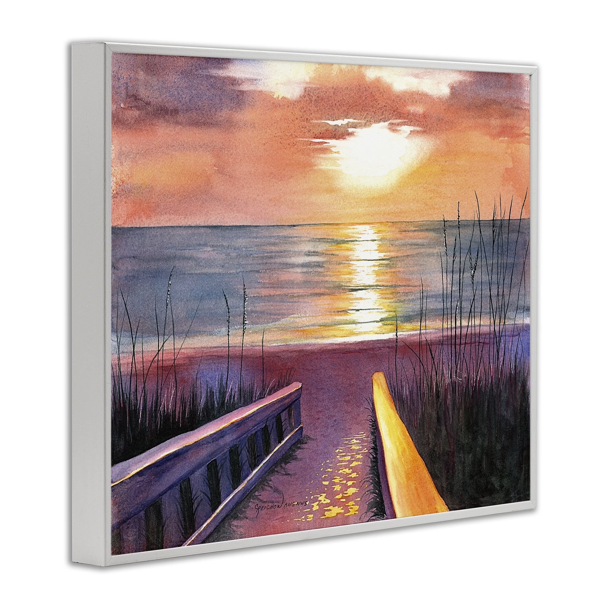 Stupell Industries Sea Sunset Reflection Landscape Painting White Framed Art Print Wall Art, 20 x 16