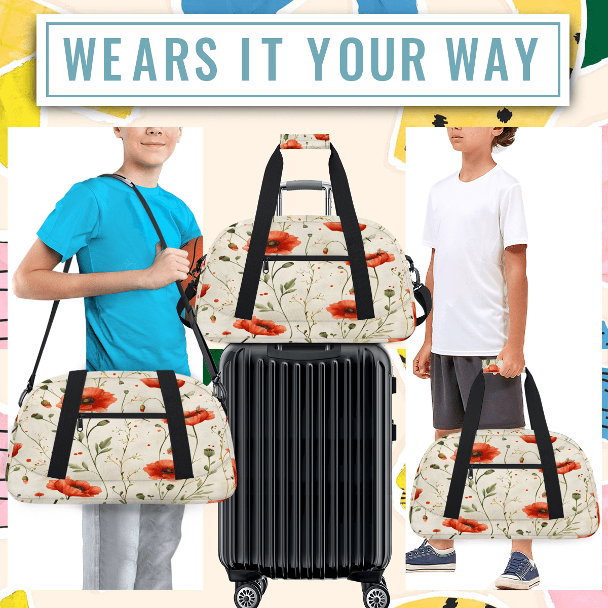 Herdesigns Red Poppy Sports Duffle Bag for Women & Men, Floral Gym Bag Dance Bag Overnight Bag Carry On Weekender Travel Bag
