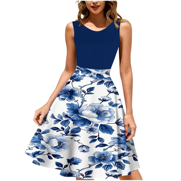 Floral Cocktail Dresses for Women Formal Business Casual Aline Tank Dress Sleeveless Tea Party Prom Dark Blue, 2XL
