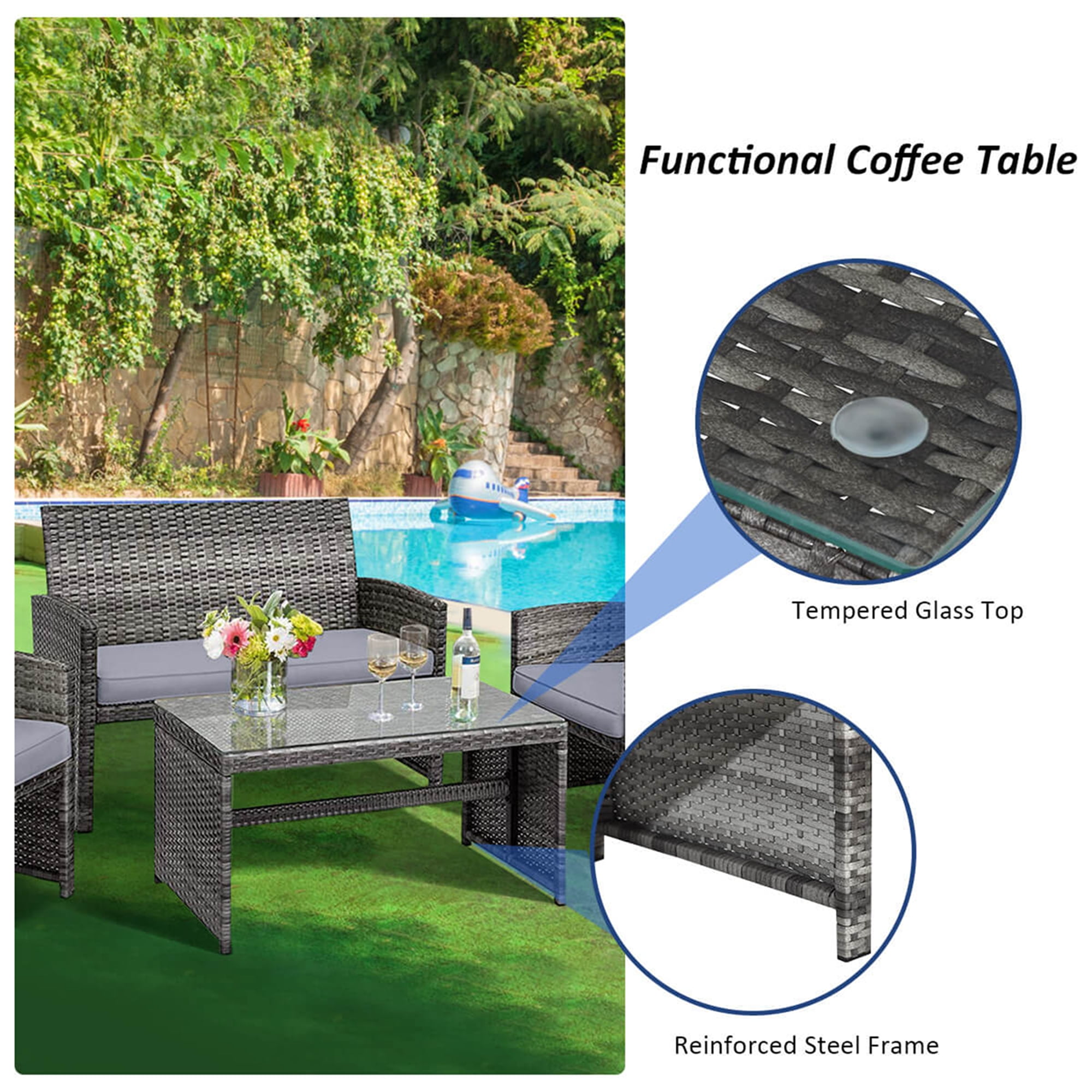 Costway 4 Steel Functional Outdoor Conversation Sets with Loveseat and Chairs, Gray