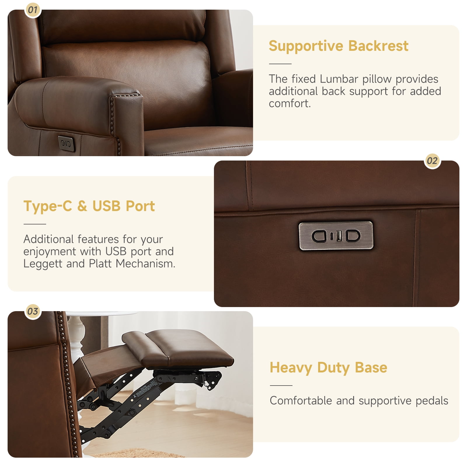 L&L LIVING 100% Top Grain Leather Power Recliner with USB and Type-C Charging Port
